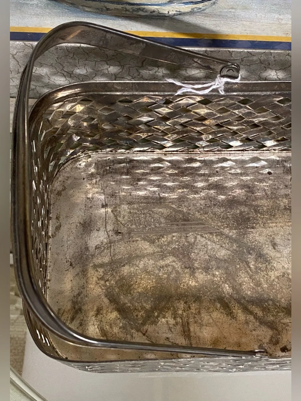 Vintage Silver Plated Metal Woven Basket W/ Handle and Mugs.